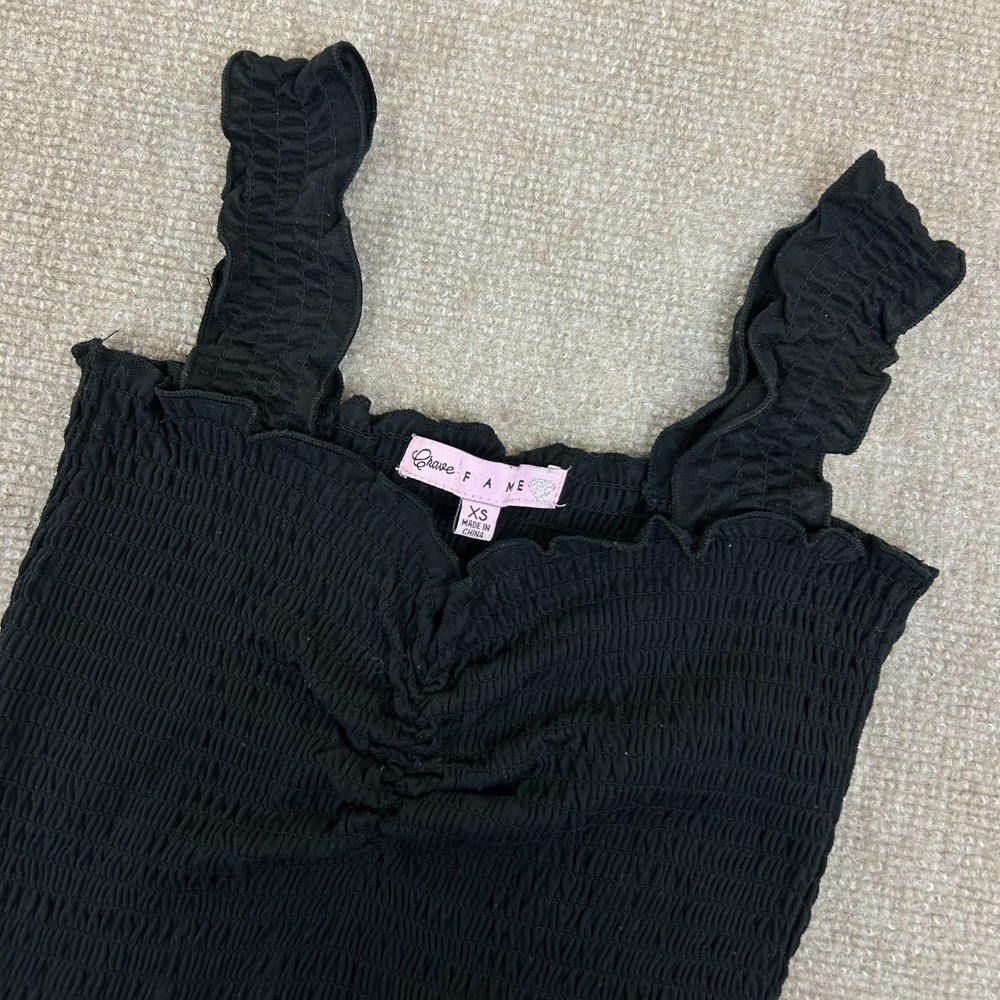 Crave Fame Smocked Crop Tank Top Womens XS Black Ruffled Strap Square Neck